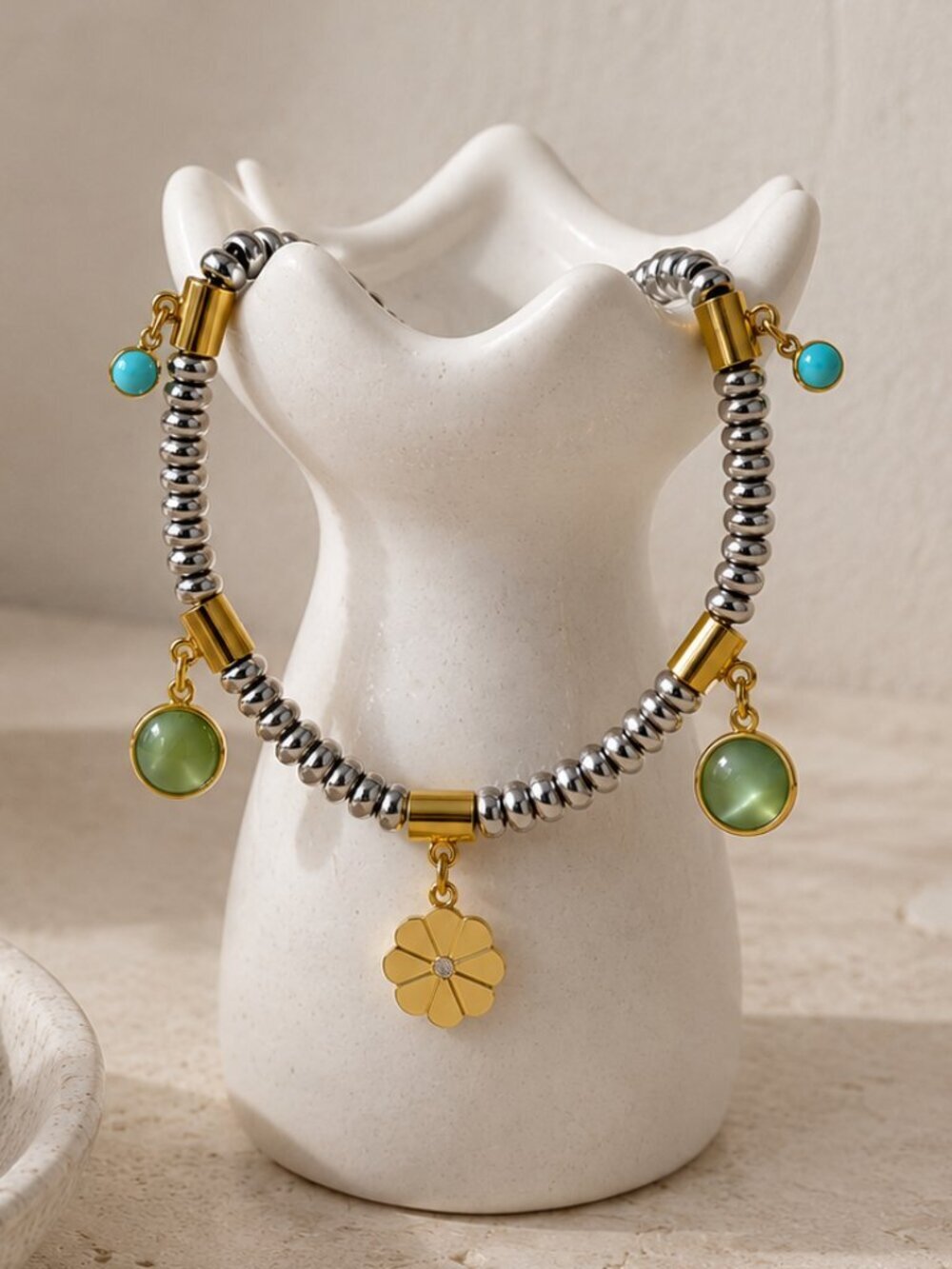 18k Gold Plated 316L SS Two Tone Beaded Charm Bracelet Flower CZ Green Adj 6.5-9